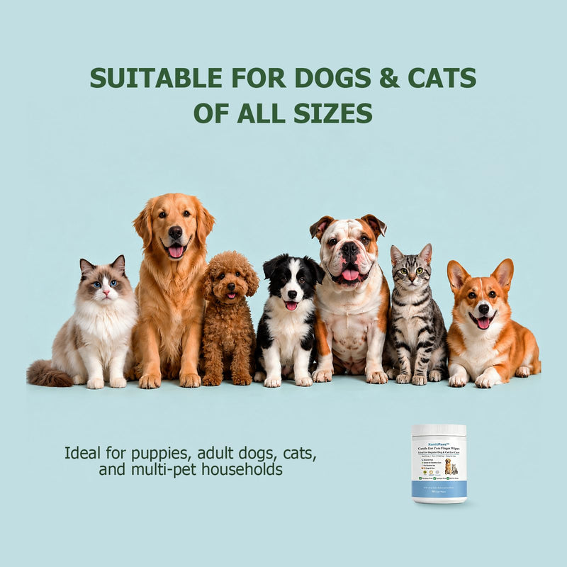 Dog Ear Finger Wipes for Dogs & Cats, Removes Ear Wax & Buildup, Better Than Ear Drops, Larger No-Slip Finger Fit for Better Control, Aloe Vera & Witch Hazel, Gentle for Sensitive Ears - 50 Count