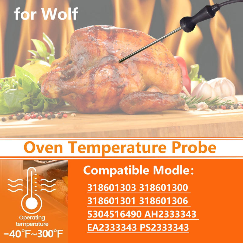 Wolf Oven Temperature Probe 318601302 | 26in Food-Grade Silicore Wire & 304 Stainless Steel, High Accuracy +/-0.05% Genuine Replacement for Model 5304503737
