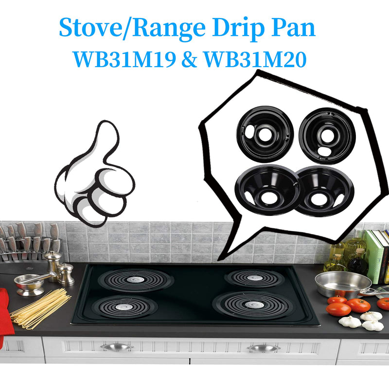 Black Porcelain Burner Drip Pans (2) 6”(2) 8” WB31M19 WB31M20 Set Replacement by APPLIANCEMATES Compatible for GE Hotpoint Electric Range Stove Burner