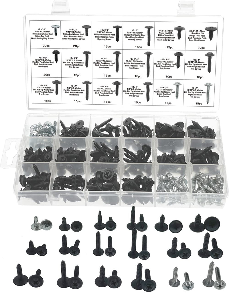 Swordfish 32750-255pc Phillips Trim Screw Self Tapping Self Drilling Tek Screw Washer Head Screw Assortment
