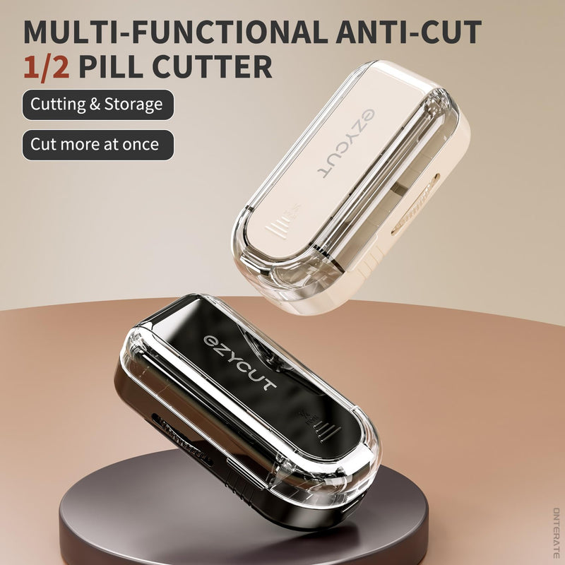 Pill Cutter Splitter for Small & Large Pills, Adjustable Pill Splitter with Safety Guard Hidden Stainless Steel Blade, Travel Tablet Vitamin Cutter Cutting into 1/2 (Cream)