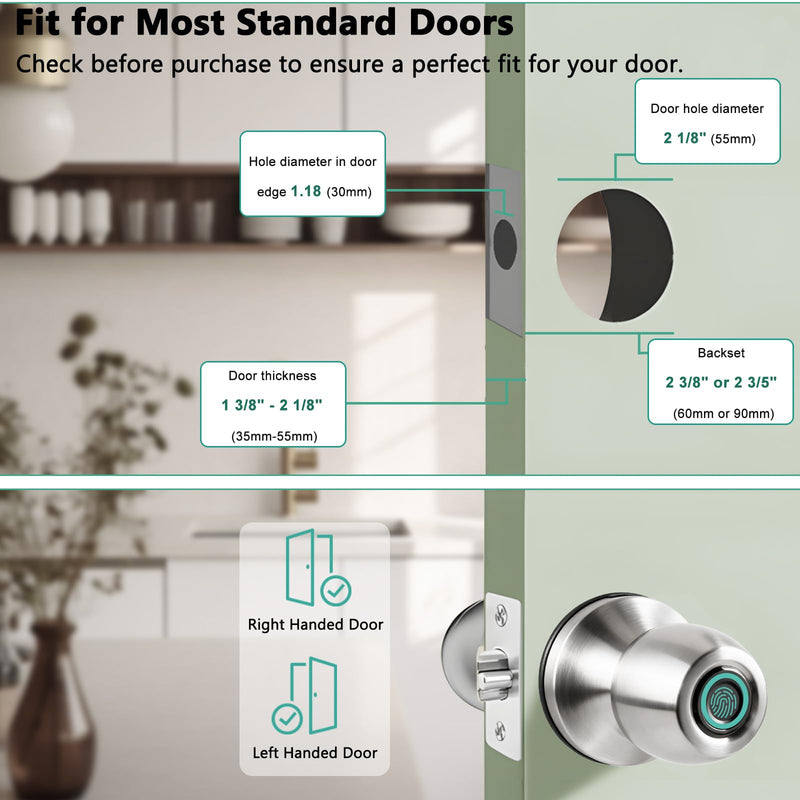 Fingerprint Smart Door Knob, Biometric Keyless Entry Door Lock with App Control & Backup Keys, Thumbprint Round Door Lock, Suitable for Home, Bedroom, Office, and Apartment Sliver