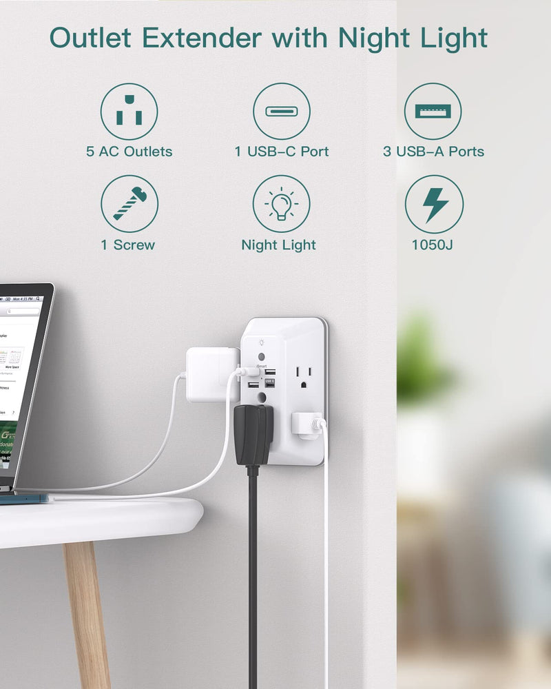 Surge Protector, Outlet Extender with Night Light, Addtam 5-Outlet Splitter and 4 USB Ports(1 USB C), Multi Plug Wall Outlet for Home Office Dorm Room Essentials 1C3A White