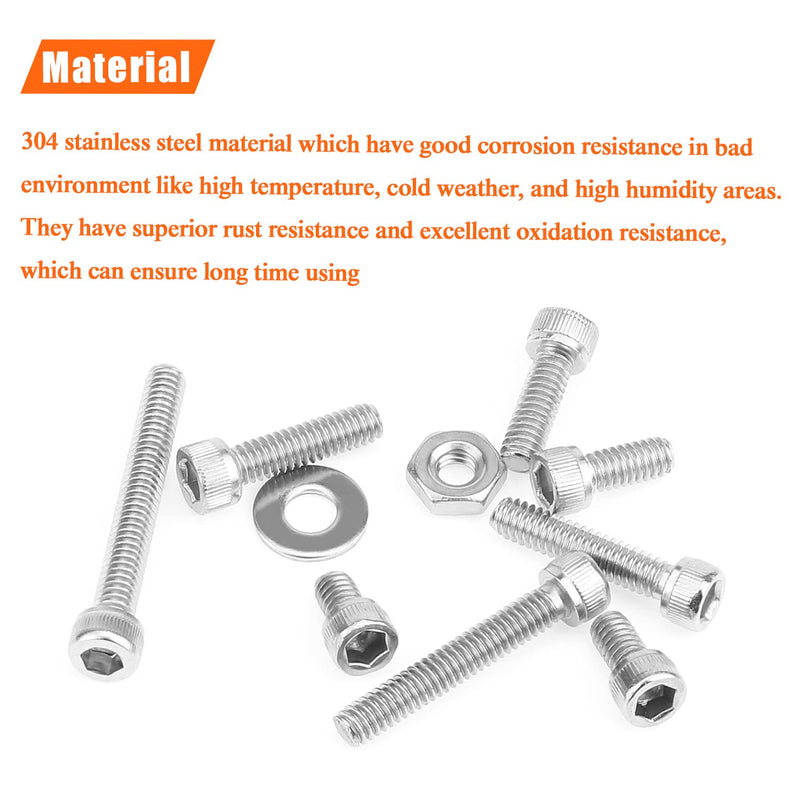 200 Pieces #8-32 x 1/4" 5/16" 3/8" 1/2" 5/8" 3/4" 1" 1-1/4", Hex Socket Head Cap Screws Bolts Washers Nuts Kit, Coarse Thread, Fully Machine Threaded, 304 Stainless Steel