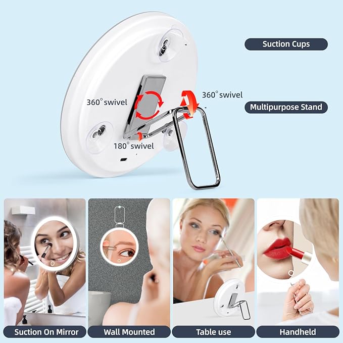 30X Magnifying Mirror with Lights, 30x Magnified Mirror with 3 Color Lights Adjustable Brightness, Rechargeable 6inch Travel Magnification with 3 Suction Cups - Includes Tweezers & Scissors White-30x 6"L x 6"W