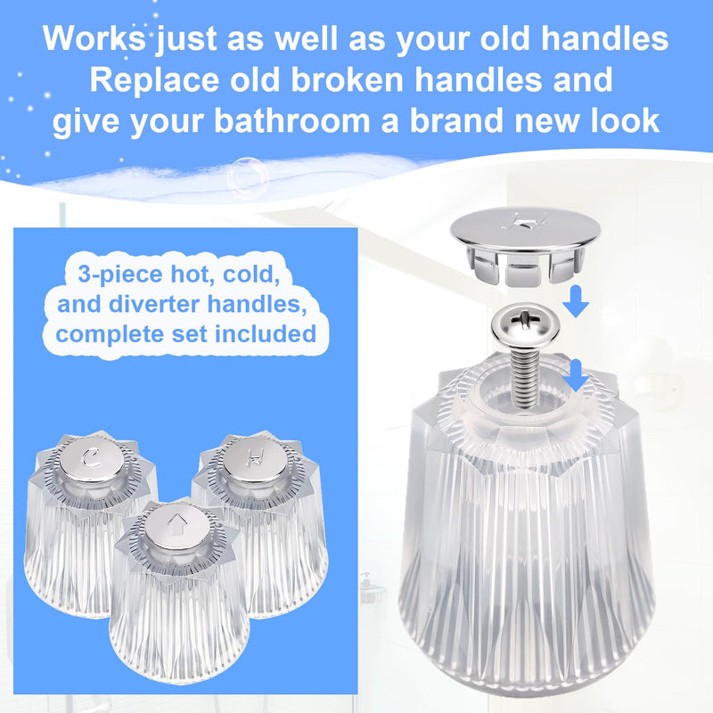 3-Piece Shower Knob Replacements, Universal Clear Acrylic Plastic Hot/Cold/Diverter Shower Knobs Compatible with Price Pfister Contessa & Windsor Bathtub Shower Faucet Handle