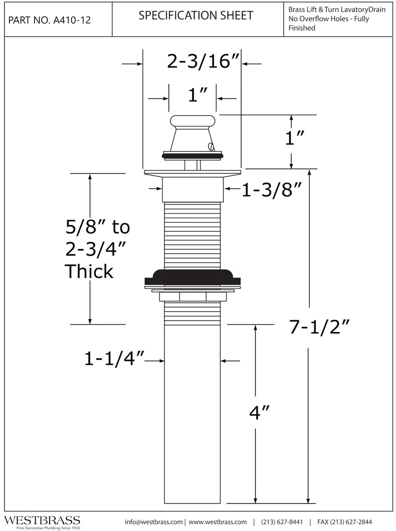Westbrass A410-12-12 Lift & Turn Lavatory Faucet Drain Without Overflow Holes - Exposed, Oil Rubbed Bronze