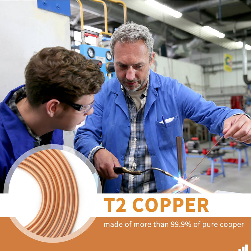 Copper Tubing 1/4" OD x 0.195" ID x 25Ft, T2 Pure Copper Tubes Soft Coil, Metal Round Seamless Pipe Tubing for Air Conditioning Refrigerator, Industry,DIY 25 Ft