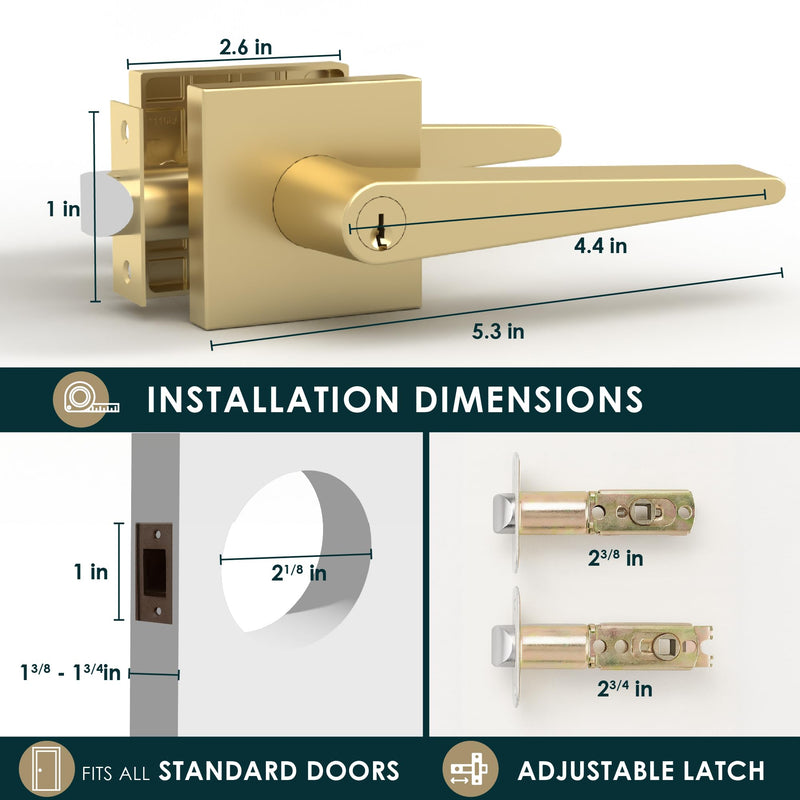Mega Handles Schein Entry Door Handle - 1 Pack Reversible Gold Door Handle, Keyed Entry Heavy Duty Door Handles with Lock for Entrance & Bedroom, Fits All Standard Doors - Satin Brass