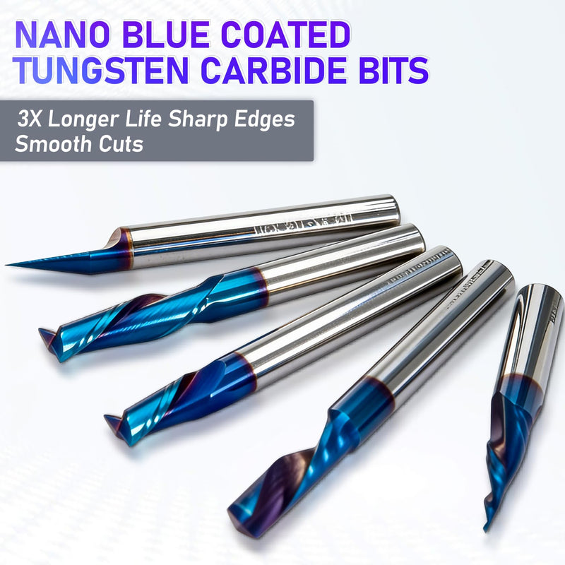1/4" Shank CNC Router Bit Kit, Includes 1/4" ER16 Collet, V-bit, End Mills, Chamfering Bit for Woodworking MDF Resin Carving Lettering Sign Making, Nano Blue Coat & Titanium Coat