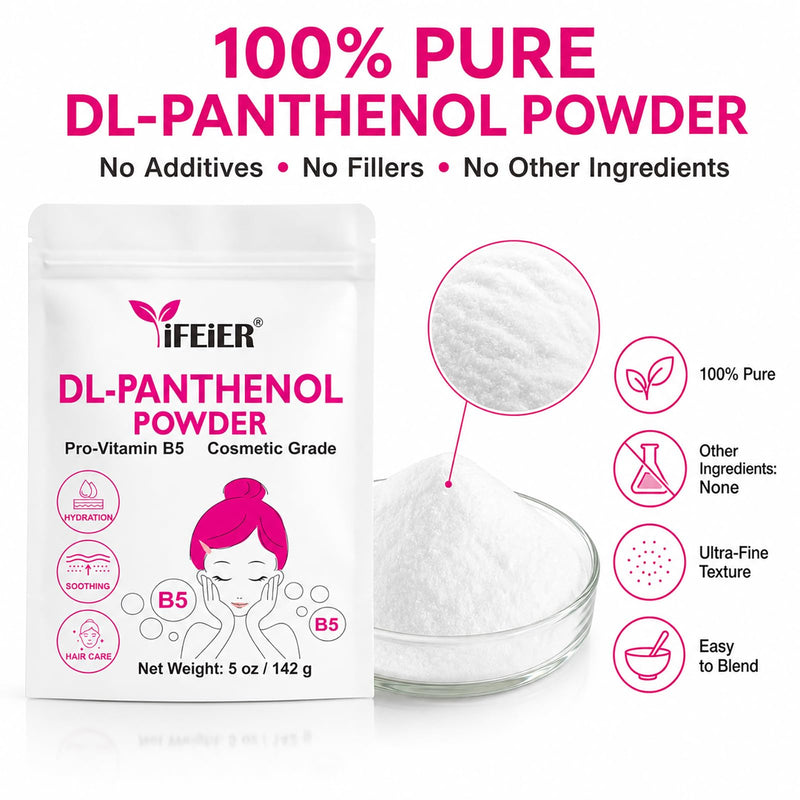 iFEiER Pure DL-Panthenol Powder 5oz (142g) Bulk Size– Cosmetic Grade, Water-Soluble B5 for Skin & Hair Care, Ingredient for DIY Creams, Shampoos & Lotions 5oz (142g)