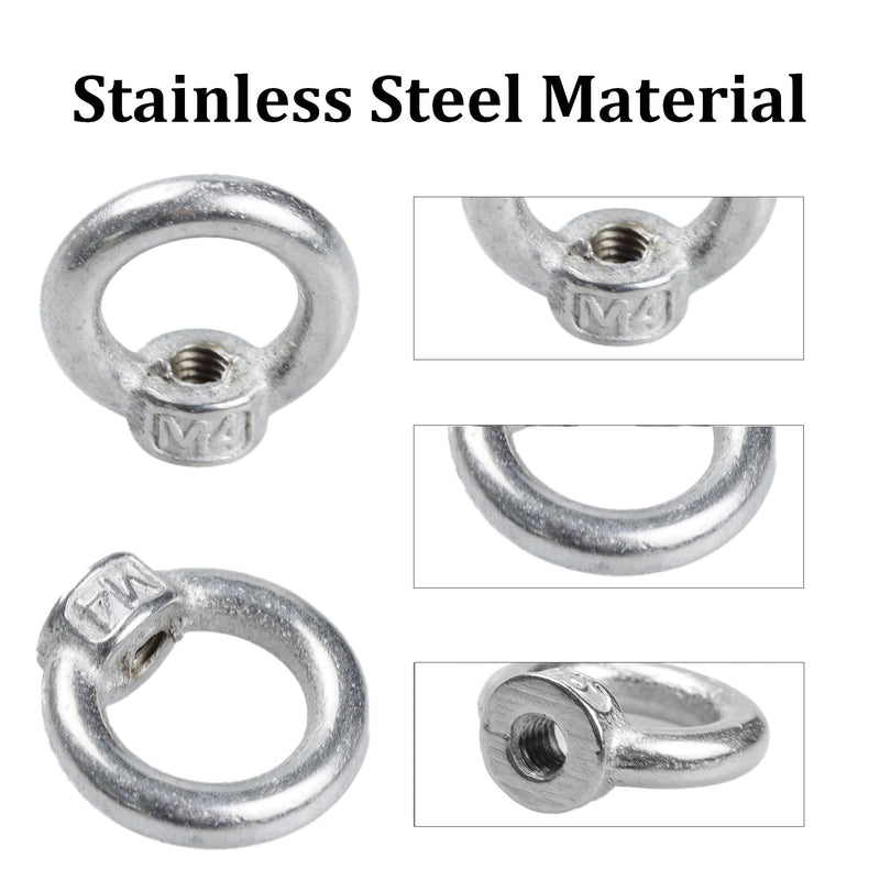 10PCS M4 Lifting Eye Nuts, Stainless Steel Female Threaded Fastener, Ring Shaped Eye Bolts for Marine, Construction