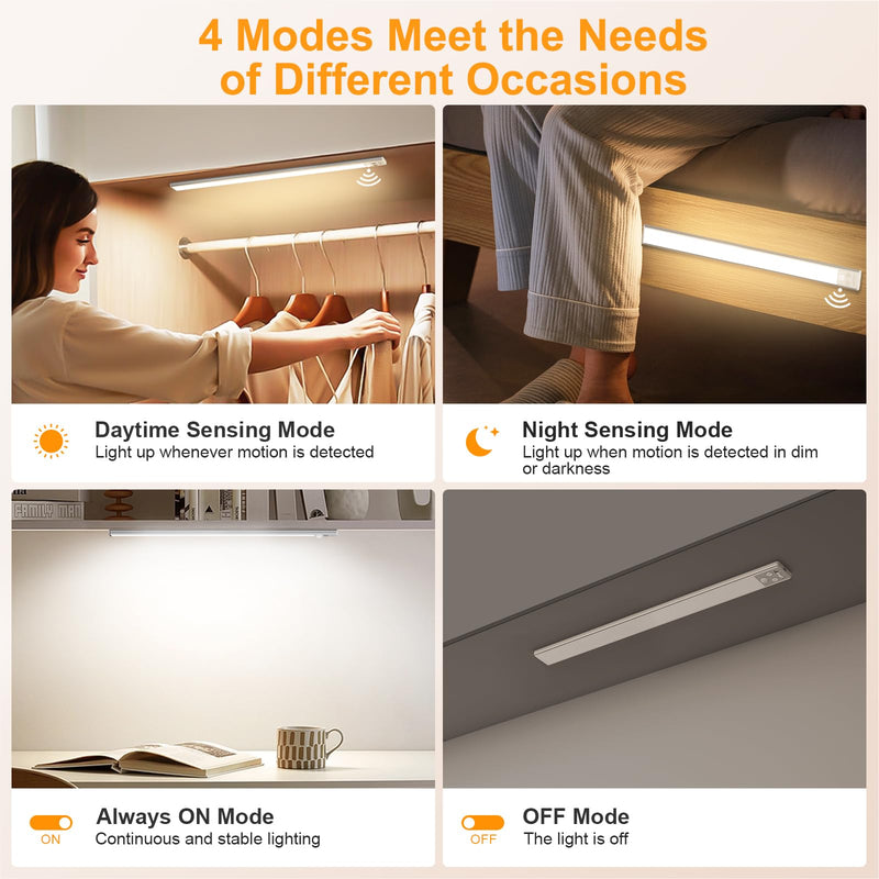Gritin 14.7inch Under Cabinet Lighting Rechargeable 2 Pack- 3 Color Temps&5 Level Brightness, Super Bright, 4 Modes, Motion Sensor, Long Lasting - Easy Installation Magnetic Under Closet Lights-Silver Silver 14.7 inch