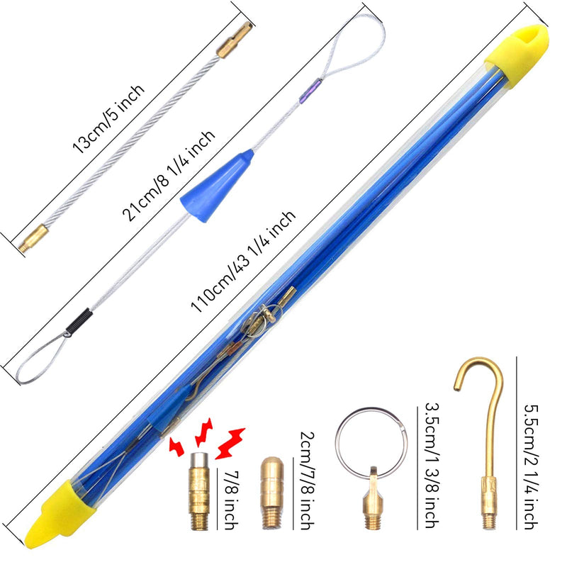 50' Fiberglass Cable Wire Running Rod Coaxial Electrical Connectable Fish Tape Pull Kit With Hook And Hole Kit In Transparent Tube, Blue