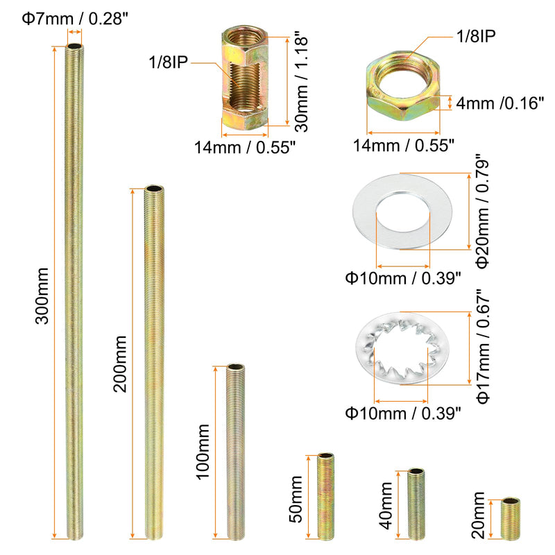 PATIKIL 1/8IP Thread 6 Size Lamp Pipe Kit with Lock Nuts Washers, 1 Set Fasteners Assortment Hardware for Chandelier Ceiling Light DIY, Zinc Plating