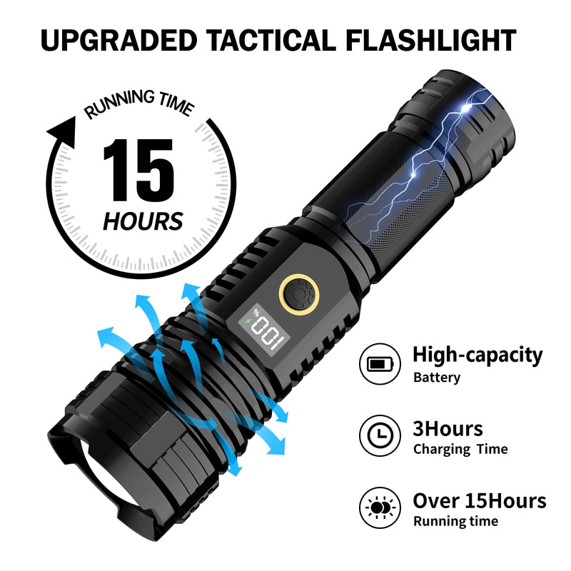 Flashlights High Lumens Rechargeable, 990000LM LED Super Bright Flash Light, Zoomable Linternas with LCD Digital Display, 5 Modes, Waterproof, Powerful Tactical Flashlight for Emergencies Camping Gift Black