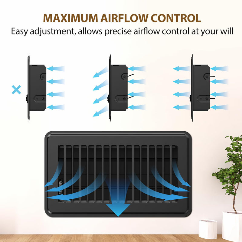 2x10 Floor Register, Floor Vent Covers 2 Pack, Steel Adjustable Air Supply Grille Register Vent Cover Grill for Sidewall and Floor, Vent Covers for Home Floor, Black 2X10 floor vent covers 2pack