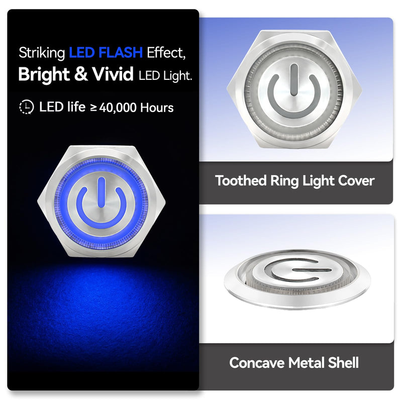 UL Listed 15Amp 16mm Latching Push Button Switch 12V-24VDC IP67 Waterproof; SPST 1NO, with LED Angel Eye Light; Stainless Steel 304 with Wire Socket Blue Latching, 12V-24V 5