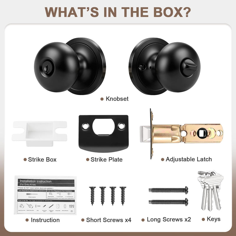 1 Pack Keyed Entry Door Knob with Lock and Key, Matte Black Front Door Lock for Exterior or Interior Doors, Standard Round Door Knobs Classic Design 1 Pack