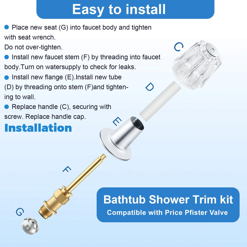 Bathtub Shower Knob 2 Piece Replacement Kit for Price Pfister Verve Compatible with Windsor Shower Faucet Handle, Trim Repair Kit with Acrylic Shower Handle and Shower Stems, Seats Parts, Flanges