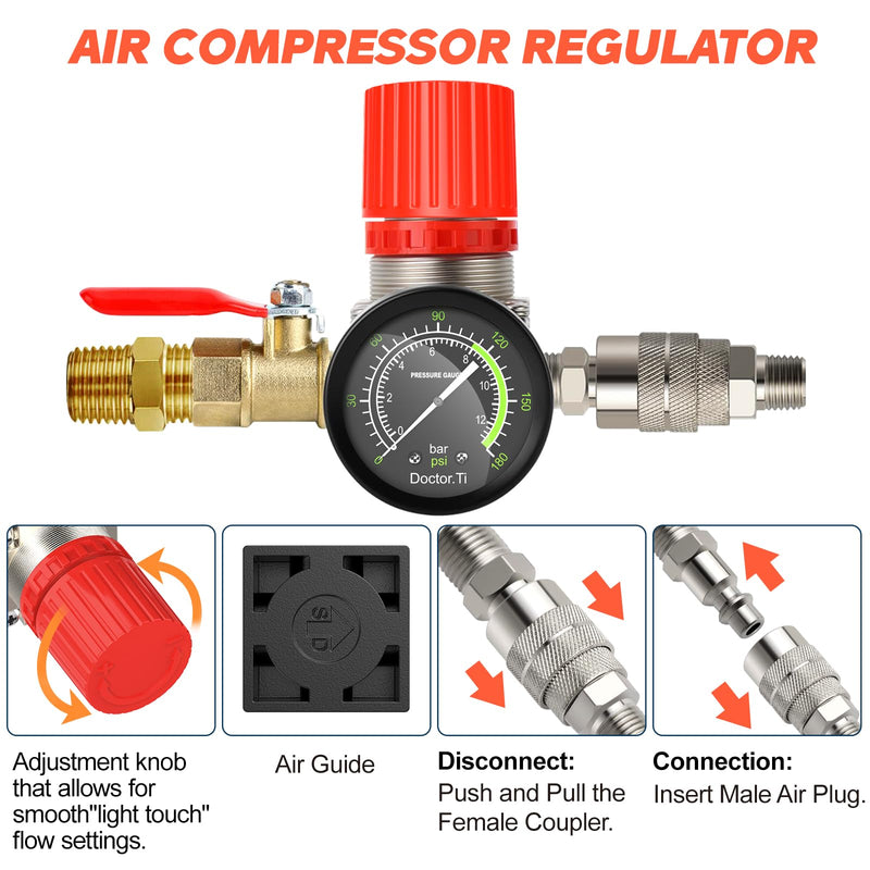 Preciva Air Compressor Pressure Switch Control Valve with 4 Way Valve Air Pressure Regulator 0-180PSI / Safety Pressure Relief Valve/Threads Pipe & Plug