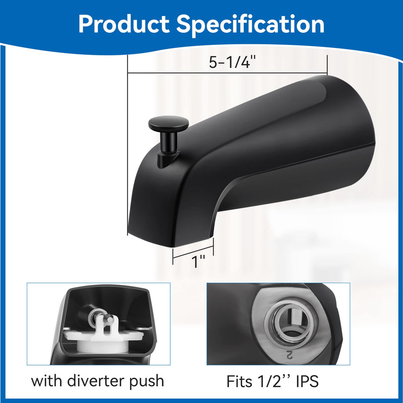 Dreyoo 5 1/4 Inch Bathroom Tub Spout Compatible with Westbrass E531D-1F-62, Fits Wall Front Mount Tub Spout with Shower Diverter 1/2'' IPS Inside Thread Bathtub Faucet(Matte Black) Matte Black