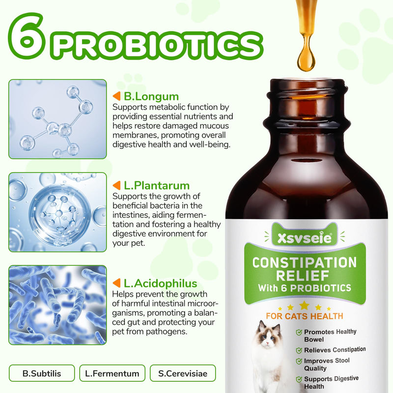 Constipation Relief for Cats, 60ml Cat Constipation Treatment, Cat Probiotic Supplements with 6 Probiotics, Promotes Kitten Digestive Health, Pet Antibiotics for Allergy Relief