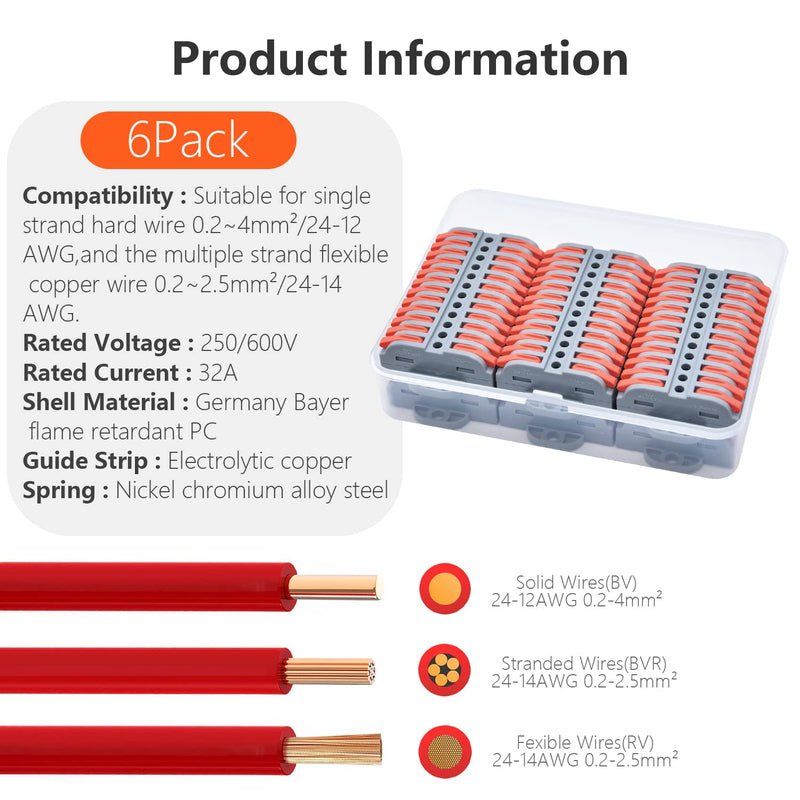 6Pcs Lever Wire Connectors, 12 Position Terminal Strip Conductor Electrical Connectors Kit for Circuit Inline 24-12 AWG