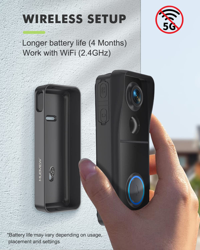 MUBVIEW Doorbell Camera Wireless with Chime, Video Doorbell - No Subscription, Voice Changer, Motion Zones, 1080HD, PIR Human Detection, 2.4Ghz WiFi, Battery-Powered Smart Doorbell