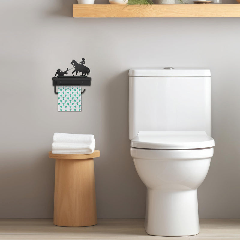 Western Toilet Paper Holder with Shelf, Rustic Farmhouse Toilet Paper Holder Funny Cowboy Bathroom Decor, Country Western Bathroom Accessories Metal Toilet Paper Roll Holder for Wall Mount Bathroom