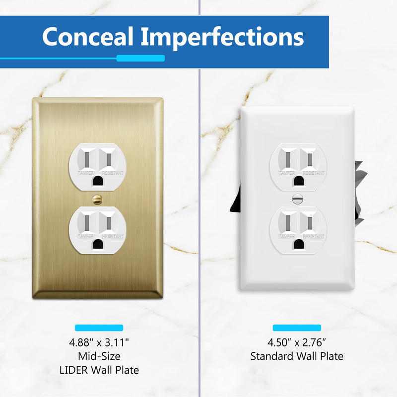 LIDER Duplex Receptacle Metal Wall Plate, Stainless Steel Outlet Cover, Corrosion Resistant, Mid-Size 1-Gang 4.88" x 3.11", 201 Stainless Steel, LMWP-21M-BB, Brushed Brass 1 Gang 1 Pack