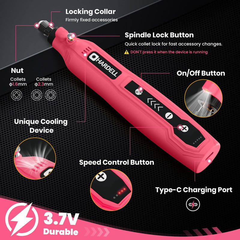 HARDELL Mini Cordless Rotary Tool, 5-Speed 3.7V rechargeable Kit with 61 Accessories, USB Charging Multi-Purpose Power Tool for Sanding, Polishing, Drilling, Etching, Engraving, DIY Crafts Pink-3.7v