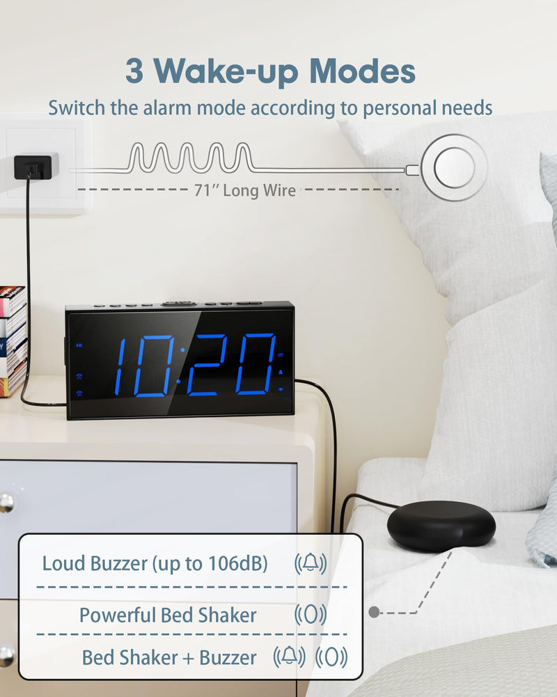 Roxicosly Loud Alarm Clock with Bed Shaker, Vibrating Alarm Clock for Heavy Sleepers/Hard of Hearing/Deaf,Dual Alarms, 7.5’’ Large LED Display, Dimmer, USB Charging Port, Plug-in with Memory Function with Bed Shaker & Thin Font Blue Digits, Thin Font