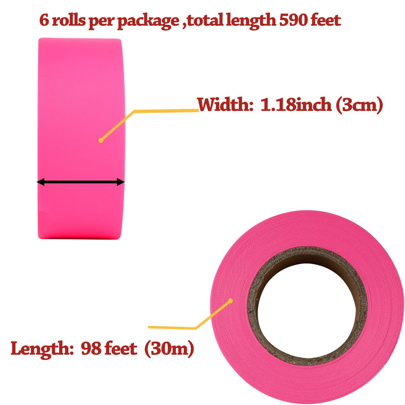 GEYYANG Fluorescent Pink Flagging Tape,3.35 Mil Thick,1-3/16" x 98ft, 6 Rolls - NO Adhesive - Survey and Mark Boundaries, Trees and Hazardous Areas - Weatherproof and Fade-Resistant 1.18in X 98ft