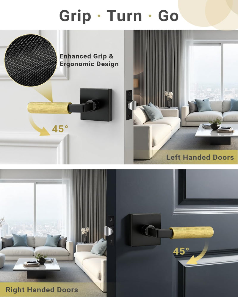 KNOBWELL 1 Pack Black and Gold Door Handle Square Doorknob with Lever Inside Passage Door Handle for Hallway Closet Pantry Square Passage
