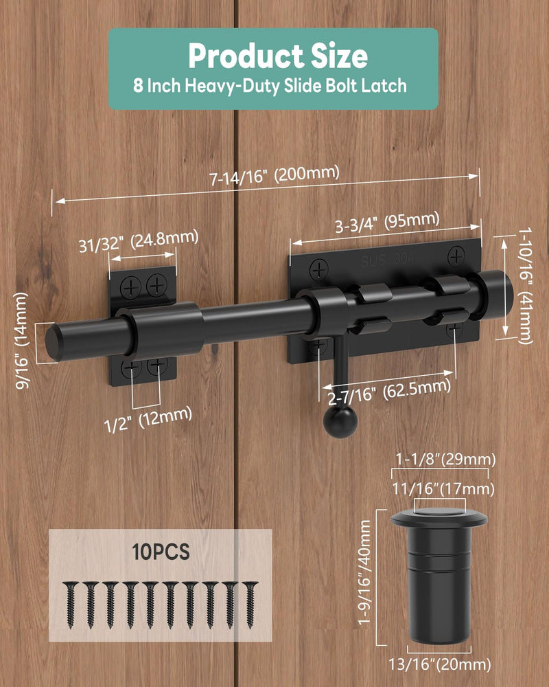 304 Stainless Steel Slide Bolt Gate Latch, 8-Inch Sliding Barrel Bolt Door Lock, Heavy Duty Ground Latches Hardware for Wooden Shed Barn Doors, Gate, Outdoor Fence, Yard (Black-1pc 8inch) Black-1pc 8inch