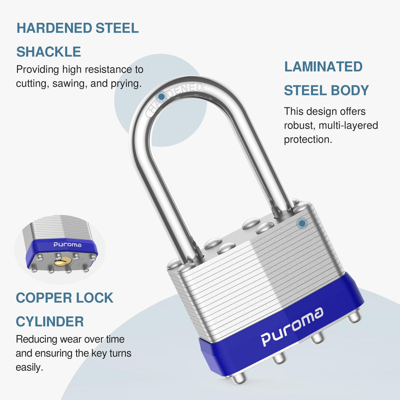 Puroma Lock 3 Pack Padlocks, 1-1/2” Long Shackle Heavy-Duty Locks with 6 Keys, 40mm Hardened Steel Keyed Alike Padlocks for Sheds, Gates, Fences, Toolbox, Outdoor and Indoor Use（Silver）