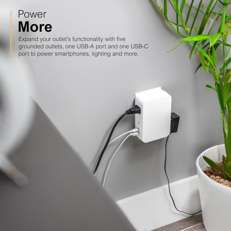 GE-UltraPro 5 Outlet Extender with Side-Access, Wall Tap Surge Protector with 1 USB-A and 1 USBC, 3-Prong, Secure Install, White, 83503 USB-C