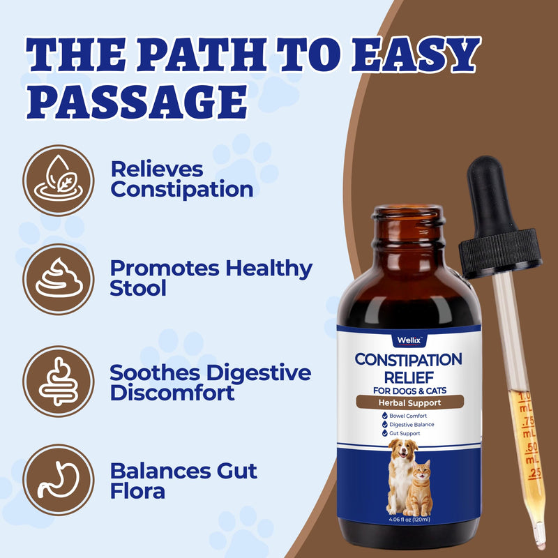 Wellix 4oz Cat & Dog Constipation Relief - Liquid Stool Softener with Dandelion Root, Prebiotics and Probiotics for Cats & Dogs - Natural Laxative for Gas and Tummy Relief - Chicken Flavor