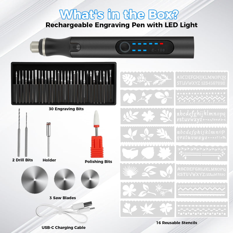 Electric Engraving Pen with 37 Bits, USB Rechargeable Cordless Engraver Pen, Portable Engraving Tool Kit, Engraving Pen for Metal, Wood, Glass & Plastic Black (Black)