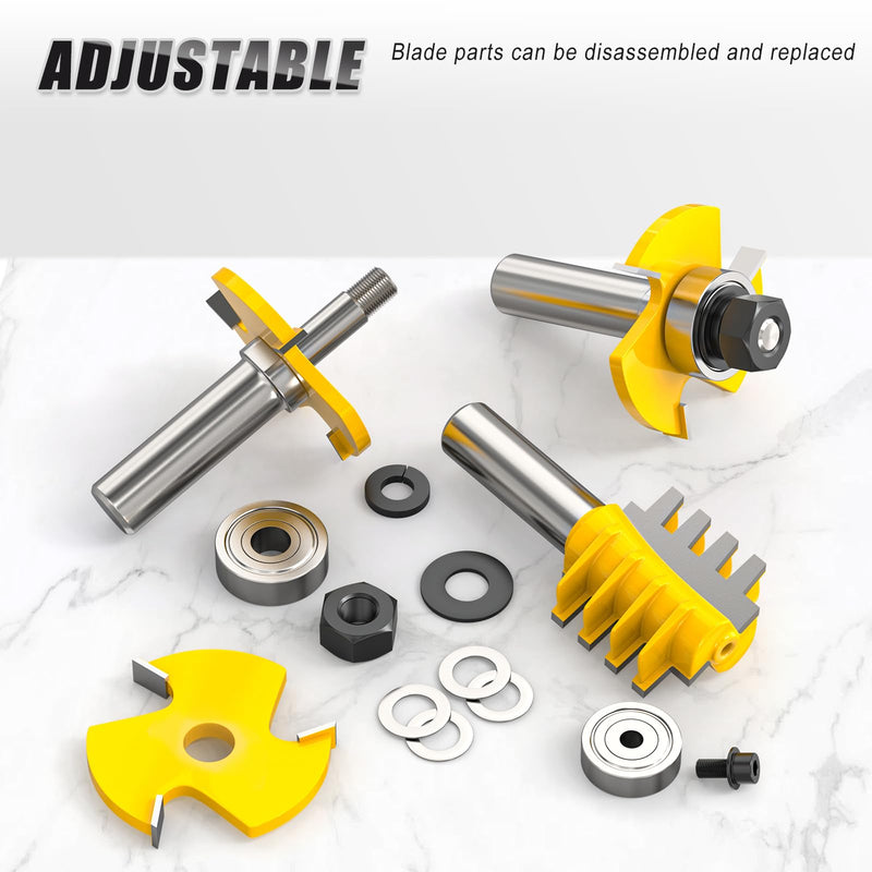 MEANLIN 3PCS Reversible Finger Joint Router Bit & Tongue and Groove Router Bit 1/2 Inch Shank Woodworking Carbide Joinery Wood Milling Cutter for Cabinet Door, Frames and More 1/2 in