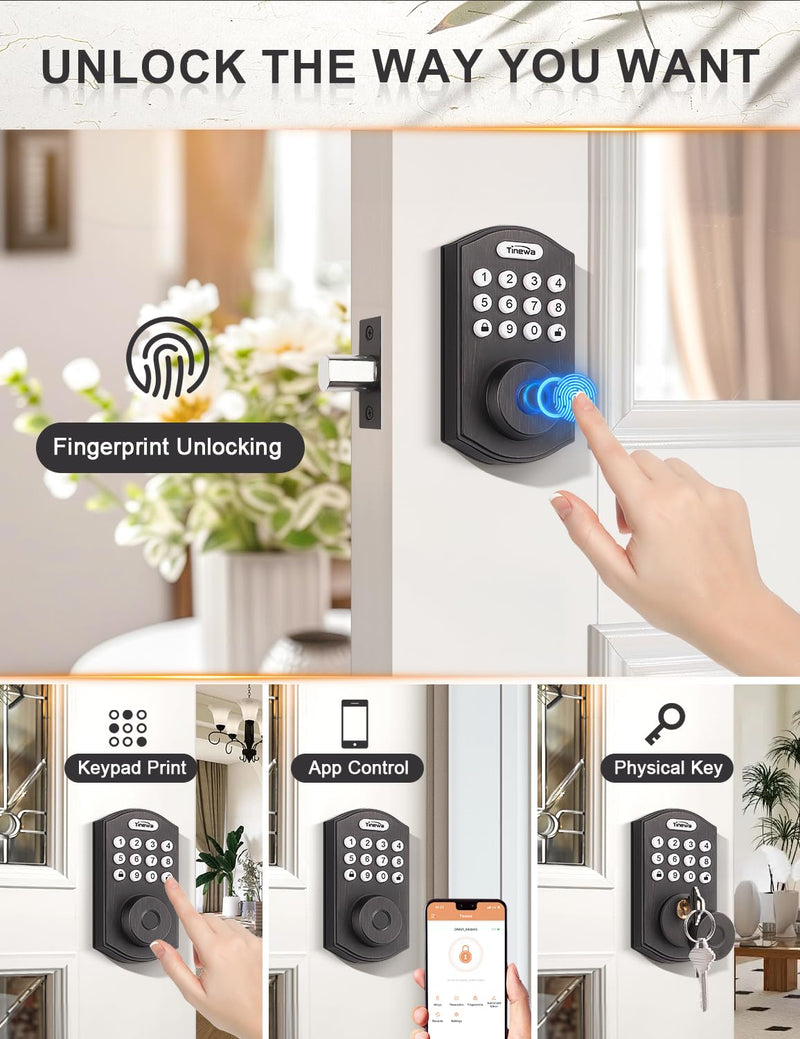 Tinewa Smart Locks for Front Door - Oil Rubbed Bronze Keyless Entry Door Lock with Flat Ball Door Knobs, Electronic Digital Keypad Deadbolt with Fingerprint, APP Control, Easy Installation Oil Rubbed Bronze-Flat Ball Door Knob