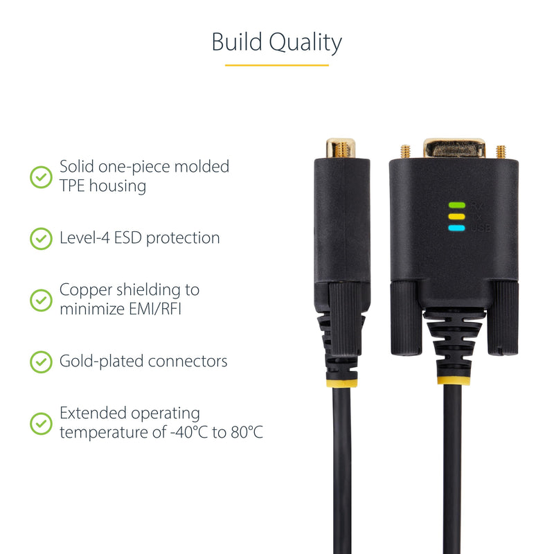 StarTech 3ft USB to Serial Adapter Cable, FTDI (1P3FFCB-USB-SERIAL) | USB-A to DB9 RS232, Interchangeable DB9 Screws Nuts, COM Retention, LED Indicators 3.3ft