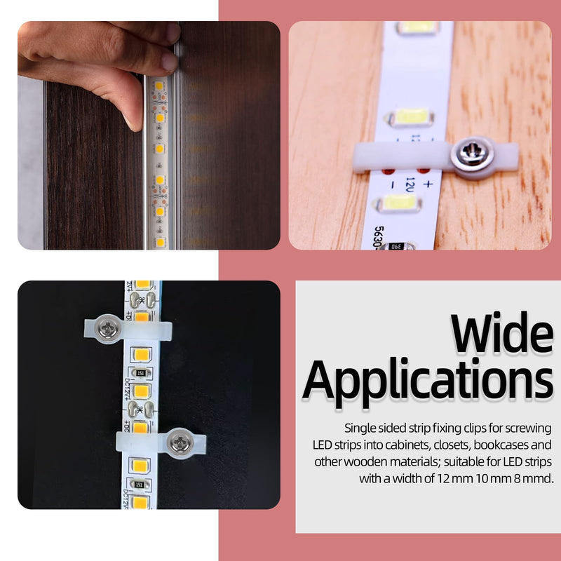 Hilitchi 400Pcs Strip Light Mounting Bracket Strip Light Holder Clip One-Side Fixing Clip with 200 Screws 8MM 10MM 12MM LED Strip Mounting Bracket for Waterproof Strip Lights (White Transparent Color)