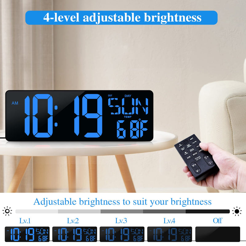 Large Digital Wall Clock with Remote Control 17.2" LED Large Display Timer with Temperature Date Week Auto DST Adjustable Brightness, Big Wall Alarm Clock for Living Room Office Garage Gym Seniors 17.2in Blue