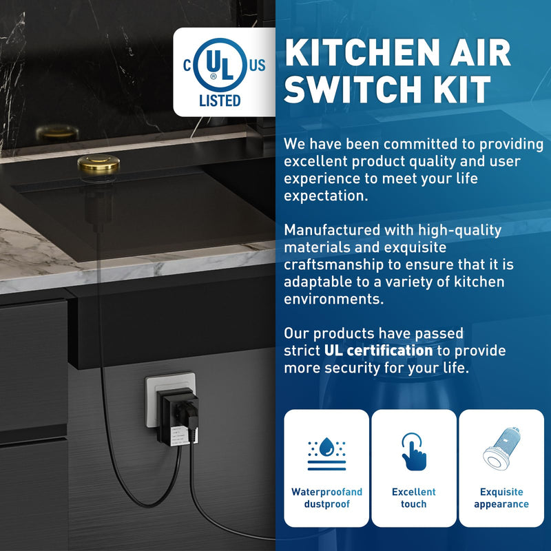 Garbage Disposal Air Switch Kit Sink Top Waste Disposal Long Stainless Steel Black On/Off Air Button Food and Waste Disposals Part, UL Listed Brushed Gold LONG/3.6"