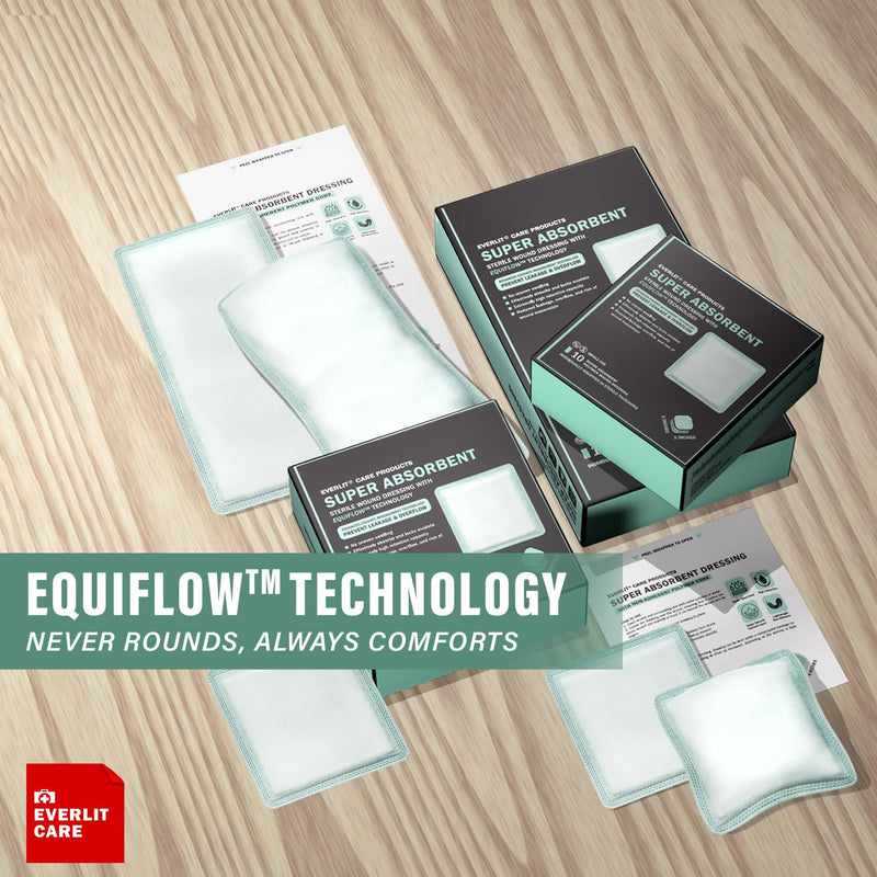 EVERLIT Super Absorbent Dressing for Heavily Exuding Wound Care | EquiFlow Technology for Fast Absorption | Pack of 10 Sterile Non-Adhesive Polymer Gauze Pads | Reduce Leakage and Skin Maceration 4" x 8"