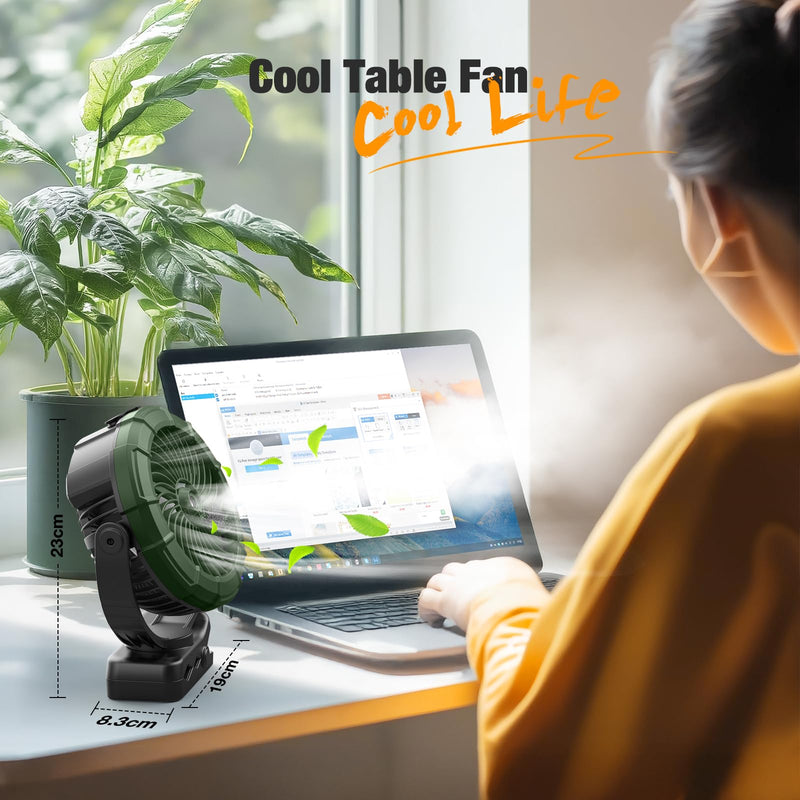 Ausic Portable Misting Clip on Fan, Golf Cart Fans, Max 45H Runtime, 100ml Camping Stroller Fan with LED, 360° Rotate Cooling Spray, Outdoor Rechargeable Battery Fans for Travel/Home/Beach Green