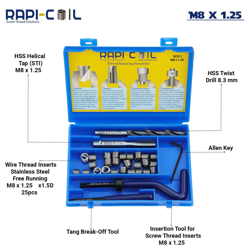 M8 x 1.25 Thread Repair Helicoil Kit, HSS M2 Tap & Drill, SS 304 Wire Inserts - Made in India M8 x 1.25