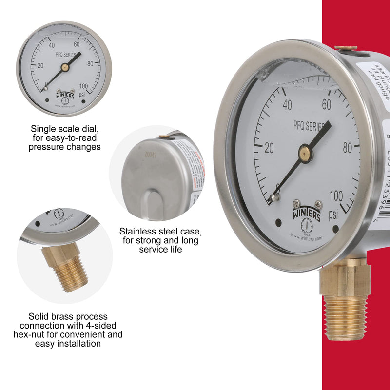 Winters 2-1/2" Dial Size, Liquid Filled Industrial Pressure Gauge, Brass Internals, 304 Stainless Steel Case, Single Scale 0-100 psi, 1.5% Acc, 1/4" NPT Bottom Mount, Glycerin Filled Pressure Gauge 0/100 PSI